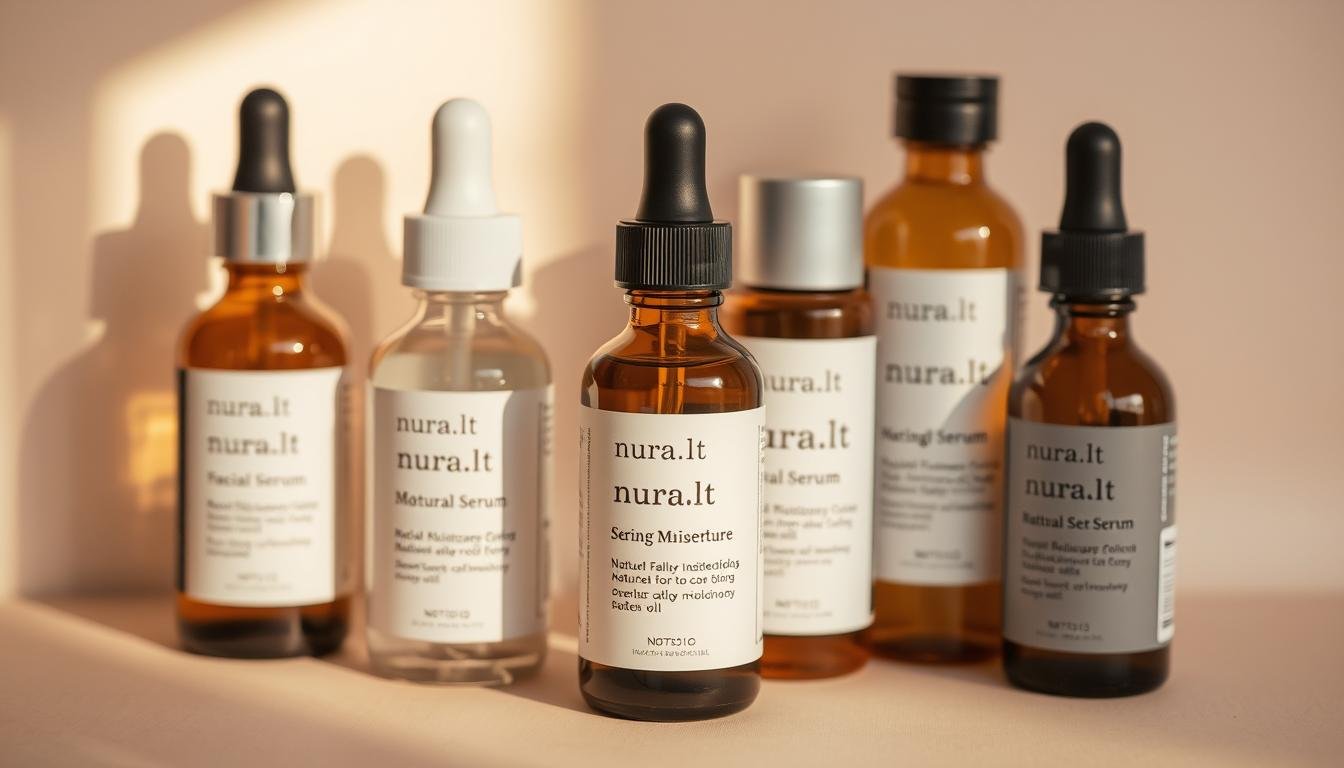 A close-up photograph of an assortment of natural skincare products from the brand "nura.lt" displayed on a plain, neutral-colored background. The products include a facial serum, a moisturizer, and a facial oil, all with minimalist packaging and the nura.lt logo clearly visible. The lighting is soft and diffused, creating a warm, inviting atmosphere that highlights the natural, high-quality ingredients. The focus is on the products, showcasing their simplicity and efficacy for different skin types, including sensitive, oily, combination, and mature skin. A close-up photograph of an assortment of natural skincare products from the brand "nura.lt" displayed on a plain, neutral-colored background. The products include a facial serum, a moisturizer, and a facial oil, all with minimalist packaging and the nura.lt logo clearly visible. The lighting is soft and diffused, creating a warm, inviting atmosphere that highlights the natural, high-quality ingredients. The focus is on the products, showcasing their simplicity and efficacy for different skin types, including sensitive, oily, combination, and mature skin.