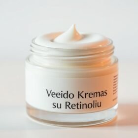 Stambiu planu užfiksuotas glotnus, kreminės tekstūros drėkinamasis kremas elegantiškame stikliniame indelyje, kurio paviršius spindi po švelnia, palankia šviesa. Ant produkto etiketės ryškiai matomas užrašas „Veido kremas su retinoliu“, pabrėžiantis pagrindinę veikliąją medžiagą. Indelis pastatytas ant švaraus, minimalistinio fono, kuris leidžia visą dėmesį sutelkti į patį produktą ir išryškina jo prabangią, aukštos kokybės išvaizdą. Apšvietimas sukuria šiltą, kviečiančią atmosferą, subtiliai paryškindamas kremo tekstūrą ir konsistenciją, perteikdamas jo maitinamąsias ir odą atgaivinančias savybes. glotnus drėkinamasis kremas