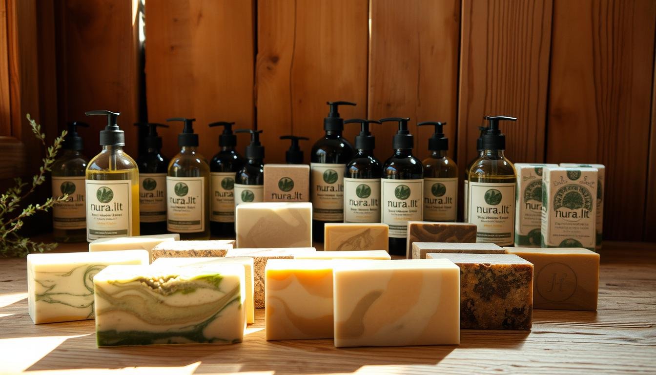 A collection of handcrafted soap bars in a natural, rustic setting. Sunlight filters through a window, casting a warm glow on the nura.lt branded bottles and bars. The foreground features an assortment of artisanal soaps, each with unique patterns and textures, reflecting the care and attention to detail in their creation. The middle ground showcases various nura.lt branded soap bottles, arranged in a visually appealing manner. The background depicts a simple, minimalist wooden surface, highlighting the organic, homemade nature of the products. The overall atmosphere evokes a sense of purity, tranquility, and the power of natural ingredients in personal care.