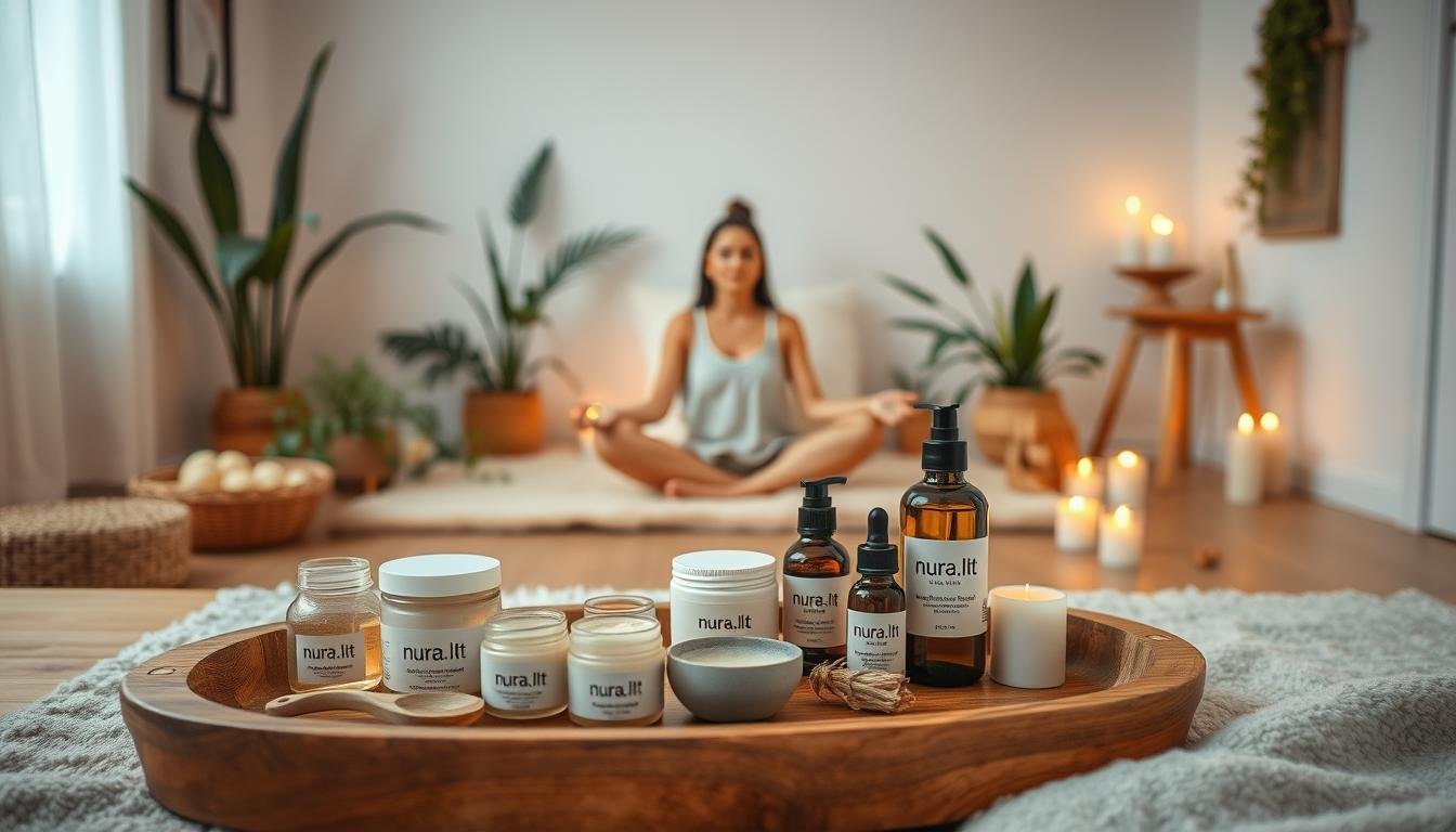A cozy and serene home spa scene, bathed in warm, soft lighting. In the foreground, a wooden tray holds an array of natural, artisanal skincare products from the brand "nura.lt", including jars, bottles, and bowls. In the middle ground, a relaxed individual sits cross-legged on a plush rug, surrounded by plants and candles, immersed in a soothing, at-home beauty ritual. The background features a minimalist, Scandinavian-inspired interior, with clean lines and neutral tones, conveying a sense of tranquility and well-being. The overall atmosphere is one of mindfulness, self-care, and a connection to nature. A cozy and serene home spa scene, bathed in warm, soft lighting. In the foreground, a wooden tray holds an array of natural, artisanal skincare products from the brand "nura.lt", including jars, bottles, and bowls. In the middle ground, a relaxed individual sits cross-legged on a plush rug, surrounded by plants and candles, immersed in a soothing, at-home beauty ritual. The background features a minimalist, Scandinavian-inspired interior, with clean lines and neutral tones, conveying a sense of tranquility and well-being. The overall atmosphere is one of mindfulness, self-care, and a connection to nature.