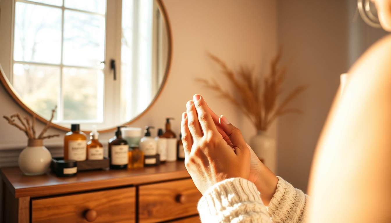 A cozy home interior showcasing a tranquil hand care routine. In the foreground, a woman's hands are gently massaging a rich, nourishing hand cream into her skin. The scene is bathed in warm, natural lighting from a large window, casting a soft glow on the hands and the surrounding décor. In the middle ground, a wooden vanity holds an assortment of hand care products - lotions, oils, and exfoliating scrubs. The background features a neutral-toned wall, adding a sense of calm and simplicity to the composition. The overall mood is one of self-care, relaxation, and the simple pleasures of a mindful hand care routine for all seasons. A cozy home interior showcasing a tranquil hand care routine. In the foreground, a woman's hands are gently massaging a rich, nourishing hand cream into her skin. The scene is bathed in warm, natural lighting from a large window, casting a soft glow on the hands and the surrounding décor. In the middle ground, a wooden vanity holds an assortment of hand care products - lotions, oils, and exfoliating scrubs. The background features a neutral-toned wall, adding a sense of calm and simplicity to the composition. The overall mood is one of self-care, relaxation, and the simple pleasures of a mindful hand care routine for all seasons.