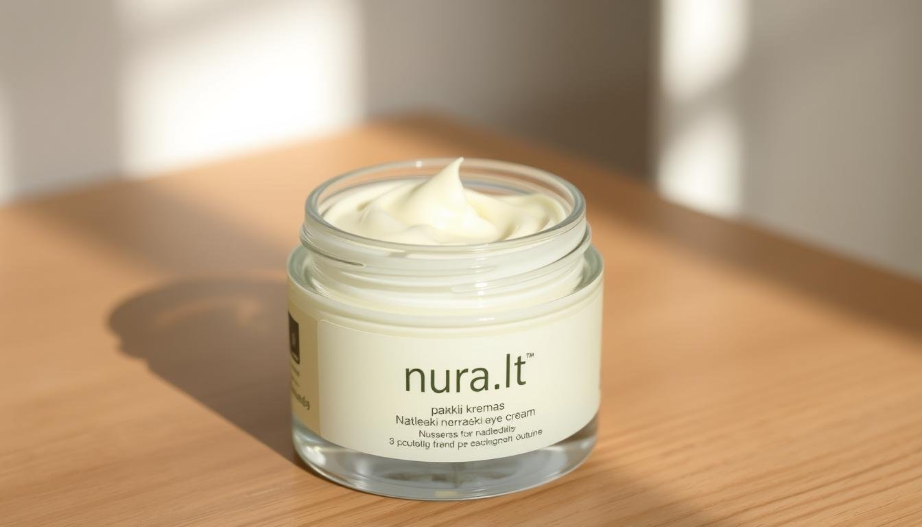 A glass jar filled with a luxurious, creamy paakių kremas (eye cream) stands on a natural wooden surface. The jar has a minimalist label displaying the brand name "nura.lt" in a clean, sans-serif font. The texture of the cream appears rich and nourishing, glistening under soft, diffused lighting that casts gentle shadows. The scene evokes a sense of simplicity, quality, and care for the delicate skin around the eyes. The background is blurred, allowing the eye cream to be the focal point, highlighting its importance as a vital component of a natural, paraben-free skincare routine.