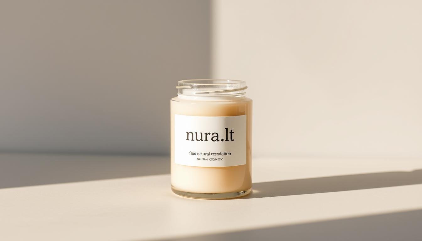 A glass jar with a minimalist white label featuring the "nura.lt" brand name, filled with a pale, creamy natural cosmetic product. The jar is set against a plain, soft gray background, casting a subtle shadow. The lighting is warm and gentle, highlighting the jar's smooth, reflective surface. The composition is clean and balanced, with the jar placed centrally in the frame. The overall mood is calm, natural, and inviting, reflecting the purity and simplicity of the natural cosmetic formulation.