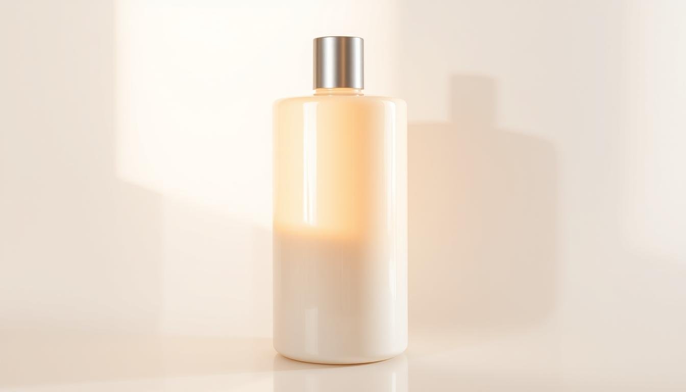 A luminous, luxurious body lotion with a rich, creamy texture. The bottle stands elegantly on a minimalist white background, casting soft shadows. The lotion's formula glimmers with nourishing botanical extracts, radiating a natural, healthy glow. Warm, diffused lighting highlights the product's smooth, glossy finish, creating an inviting, spa-like ambiance. The camera's macro lens captures intricate details of the lotion's luxurious texture and premium packaging design. This high-quality image will beautifully showcase the product's ability to enhance the skin's natural luminescence.
