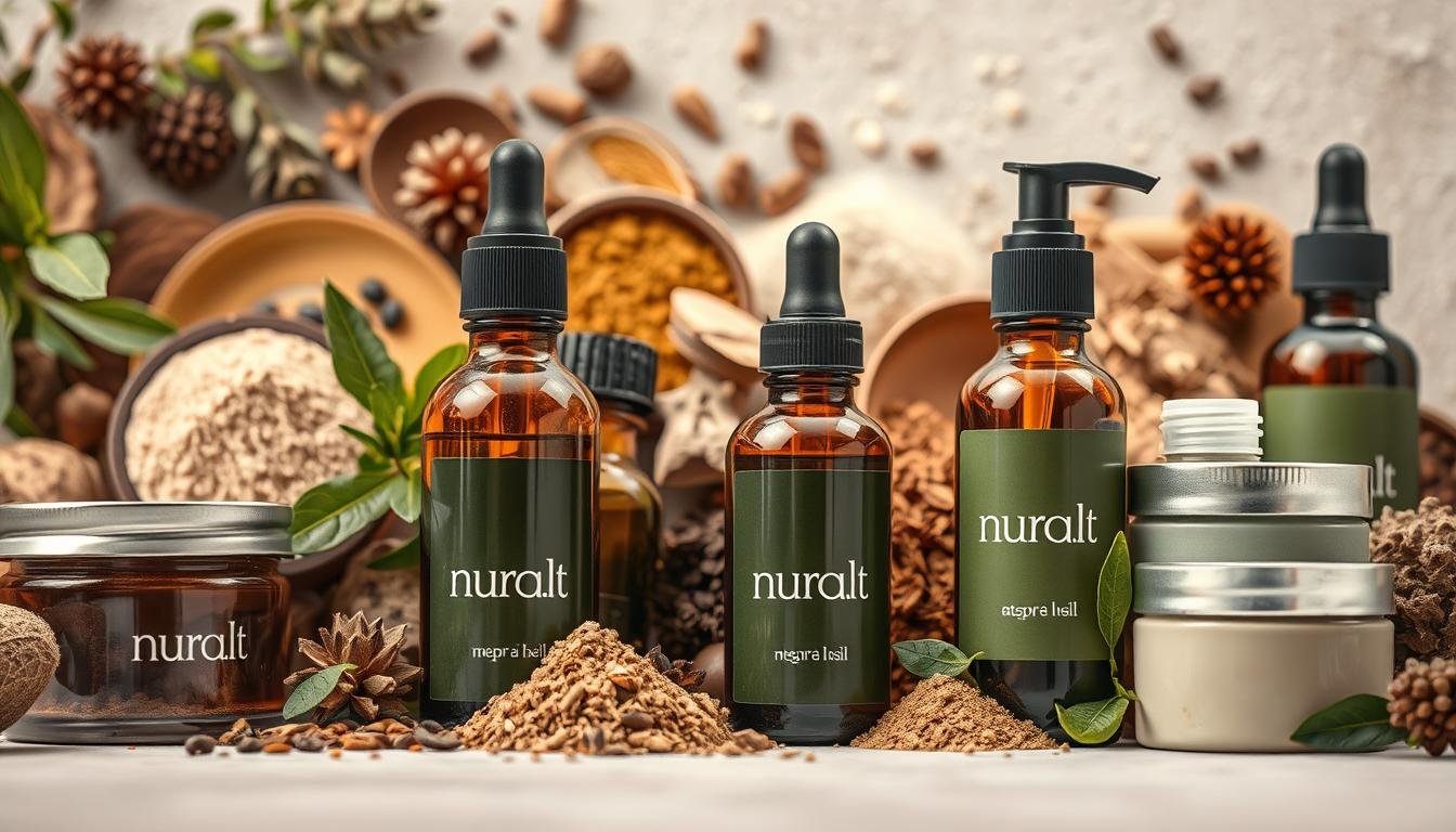 A richly textured, high-resolution close-up image of various natural cosmetic ingredients, including plant oils, extracts, and powders, arranged in an organic, visually appealing composition. The lighting is soft and diffused, highlighting the intricate details and natural hues of the ingredients. The bottles and containers in the foreground prominently display the "nura.lt" brand name, conveying a sense of premium natural skincare products. The overall mood is one of purity, wellness, and the power of nature-derived cosmetics.