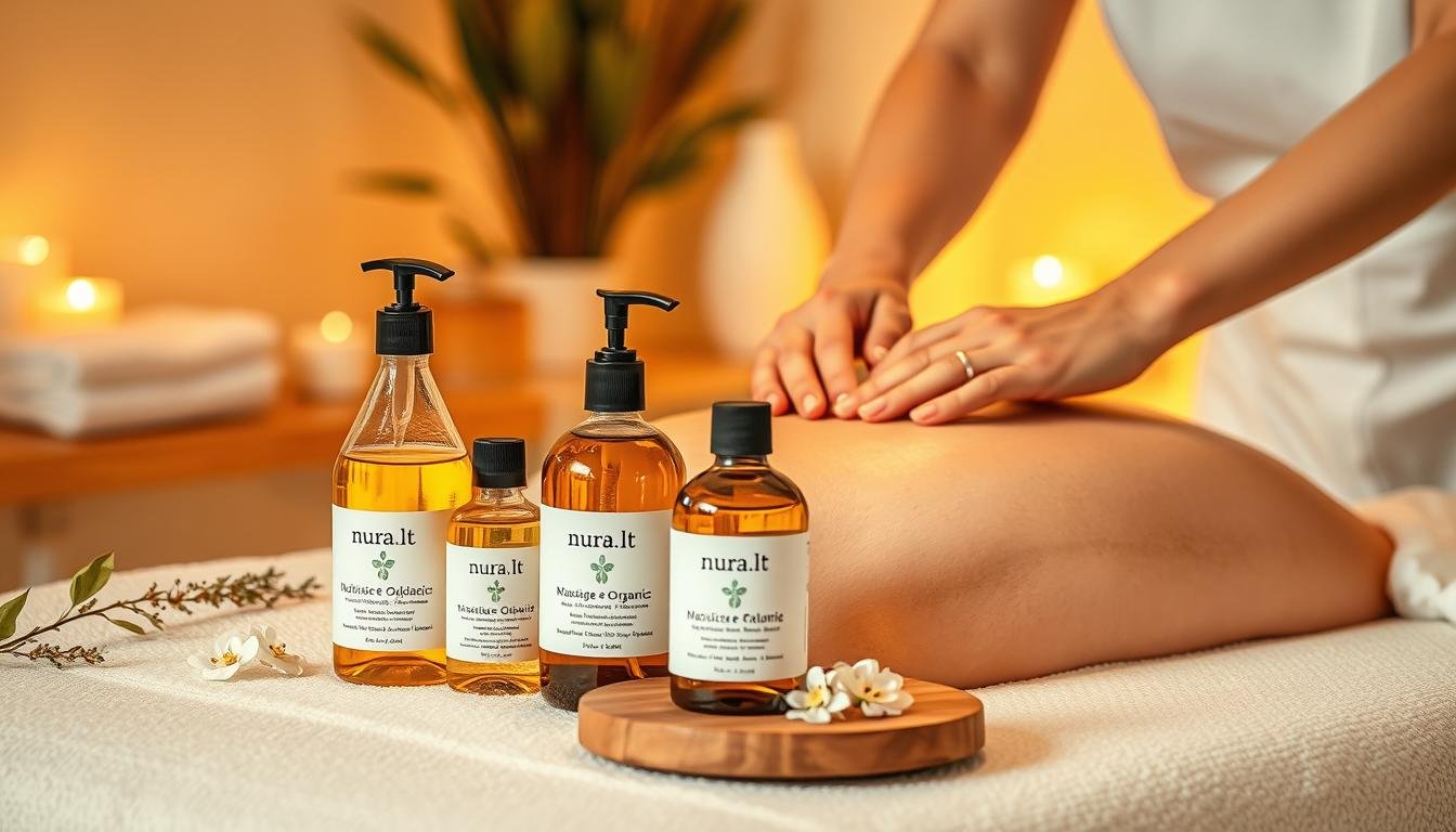 A serene and calming massage scene, featuring a professional masseuse working with natural, organic oils and lotions from the brand nura.lt. The setting is a warm and inviting spa-like environment, with soothing lighting, soft textures, and a serene atmosphere. The masseuse's skilled hands gently knead and soothe the client's muscles, promoting relaxation and well-being. The bottles of nura.lt products are prominently displayed, showcasing the natural and eco-friendly ingredients used in the massage. The overall composition emphasizes the accessibility and availability of these high-quality, sustainable beauty rituals in Lithuania. A serene and calming massage scene, featuring a professional masseuse working with natural, organic oils and lotions from the brand nura.lt. The setting is a warm and inviting spa-like environment, with soothing lighting, soft textures, and a serene atmosphere. The masseuse's skilled hands gently knead and soothe the client's muscles, promoting relaxation and well-being. The bottles of nura.lt products are prominently displayed, showcasing the natural and eco-friendly ingredients used in the massage. The overall composition emphasizes the accessibility and availability of these high-quality, sustainable beauty rituals in Lithuania.
