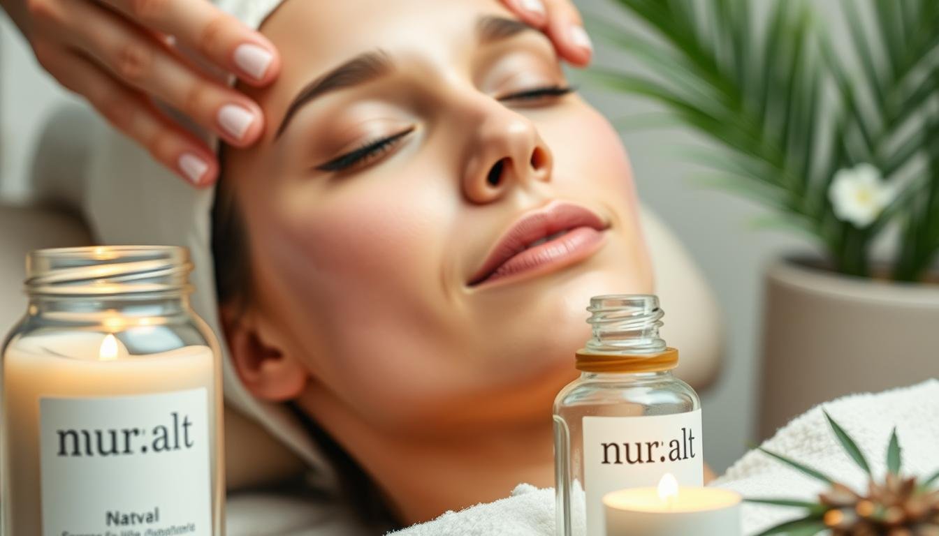 A serene and tranquil spa setting, featuring a close-up of a peaceful facial treatment. The model's skin glows with a natural, healthy radiance, accentuated by the soft, diffused lighting. Several glass bottles and jars labeled "nura.lt" are displayed in the foreground, hinting at the natural, organic ingredients used in the spa procedure. The background is blurred, creating a sense of focus and emphasis on the relaxing facial treatment. The overall atmosphere is one of relaxation, rejuvenation, and a connection to the natural world. A serene and tranquil spa setting, featuring a close-up of a peaceful facial treatment. The model's skin glows with a natural, healthy radiance, accentuated by the soft, diffused lighting. Several glass bottles and jars labeled "nura.lt" are displayed in the foreground, hinting at the natural, organic ingredients used in the spa procedure. The background is blurred, creating a sense of focus and emphasis on the relaxing facial treatment. The overall atmosphere is one of relaxation, rejuvenation, and a connection to the natural world.
