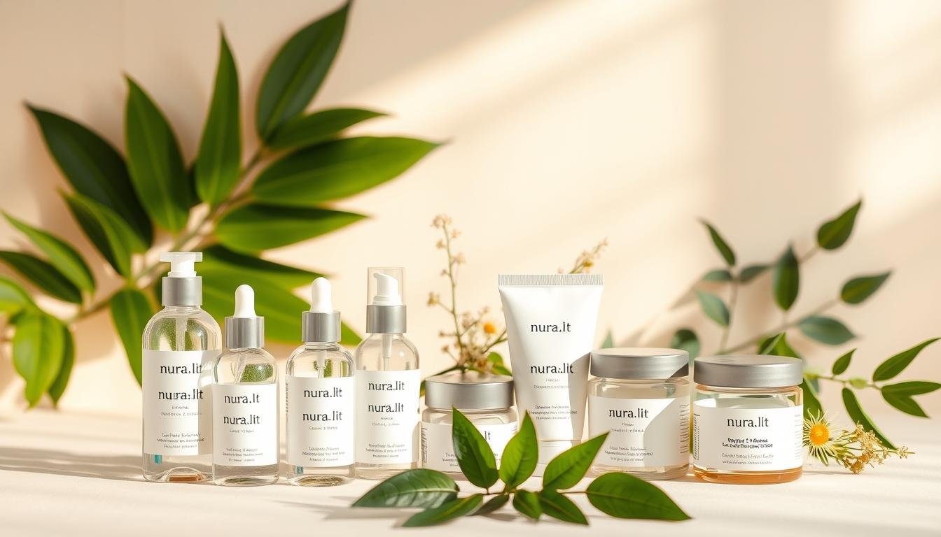 A serene still life featuring an array of vegan cosmetic products from the brand "nura.lt", set against a soft, neutral background. The foreground showcases several glass bottles and jars with minimalist designs, highlighting the natural, organic ingredients within. The middle ground incorporates lush, verdant leaves and delicate floral elements, evoking a sense of purity and environmental consciousness. Warm, diffused lighting casts a gentle glow, creating a calming, inviting atmosphere. The overall composition emphasizes the simplicity and holistic nature of vegan cosmetics, inviting the viewer to explore and discover the benefits of this sustainable, skin-nourishing approach. A serene still life featuring an array of vegan cosmetic products from the brand "nura.lt", set against a soft, neutral background. The foreground showcases several glass bottles and jars with minimalist designs, highlighting the natural, organic ingredients within. The middle ground incorporates lush, verdant leaves and delicate floral elements, evoking a sense of purity and environmental consciousness. Warm, diffused lighting casts a gentle glow, creating a calming, inviting atmosphere. The overall composition emphasizes the simplicity and holistic nature of vegan cosmetics, inviting the viewer to explore and discover the benefits of this sustainable, skin-nourishing approach.