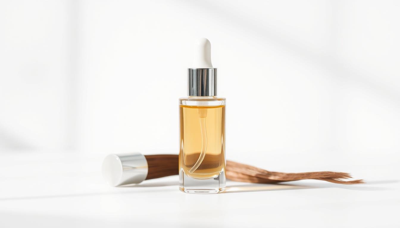 A still life composition capturing a luxurious hair serum product. Centered on a sleek glass bottle with a glossy metallic cap, resting on a minimalist white surface. Soft, natural lighting illuminates the bottle, highlighting the serum's translucent golden hue. The background features a subtle blurred gradient, creating a sense of depth and focus on the product. Detailed textures of the glass and metal components convey a premium, high-quality aesthetic. The overall mood is one of sophistication, purity, and the promise of healthy, nourished hair. A still life composition capturing a luxurious hair serum product. Centered on a sleek glass bottle with a glossy metallic cap, resting on a minimalist white surface. Soft, natural lighting illuminates the bottle, highlighting the serum's translucent golden hue. The background features a subtle blurred gradient, creating a sense of depth and focus on the product. Detailed textures of the glass and metal components convey a premium, high-quality aesthetic. The overall mood is one of sophistication, purity, and the promise of healthy, nourished hair.