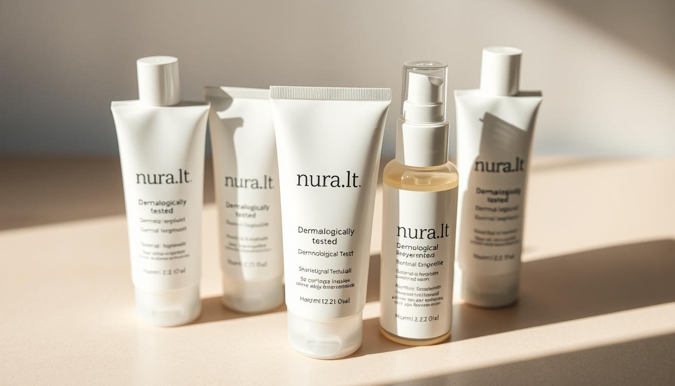 A well-lit, close-up shot of several cosmetic bottles labeled "nura.lt" arranged on a plain, neutral-colored surface. The bottles feature clean, minimalist designs with simple typography and muted, natural colors. The lighting casts soft, even shadows, emphasizing the bottles' textures and materials. The focus is sharp, capturing the details of the products in high resolution. The overall mood is one of quality, professionalism, and trust, reflecting the "dermatologically tested" nature of the "nura.lt" brand.